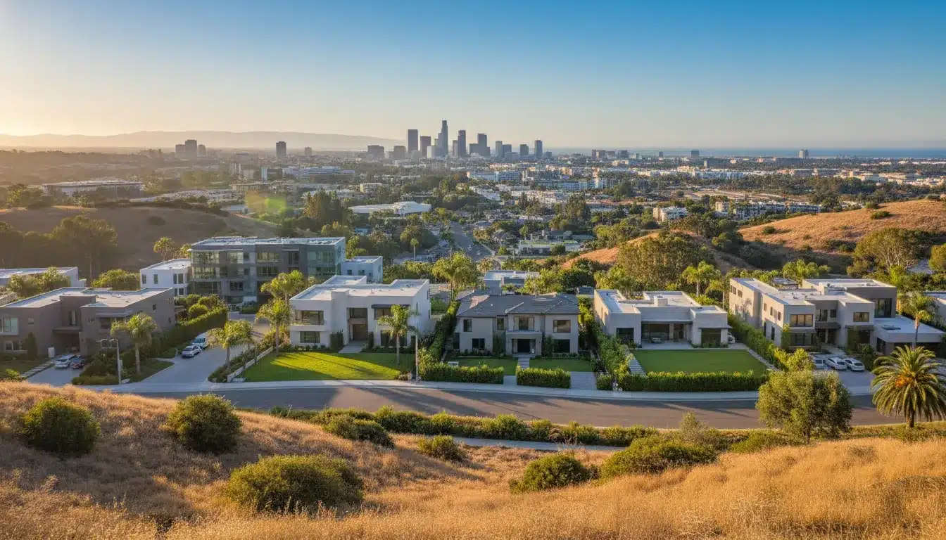 California hillside homes overlooking a city skyline.
