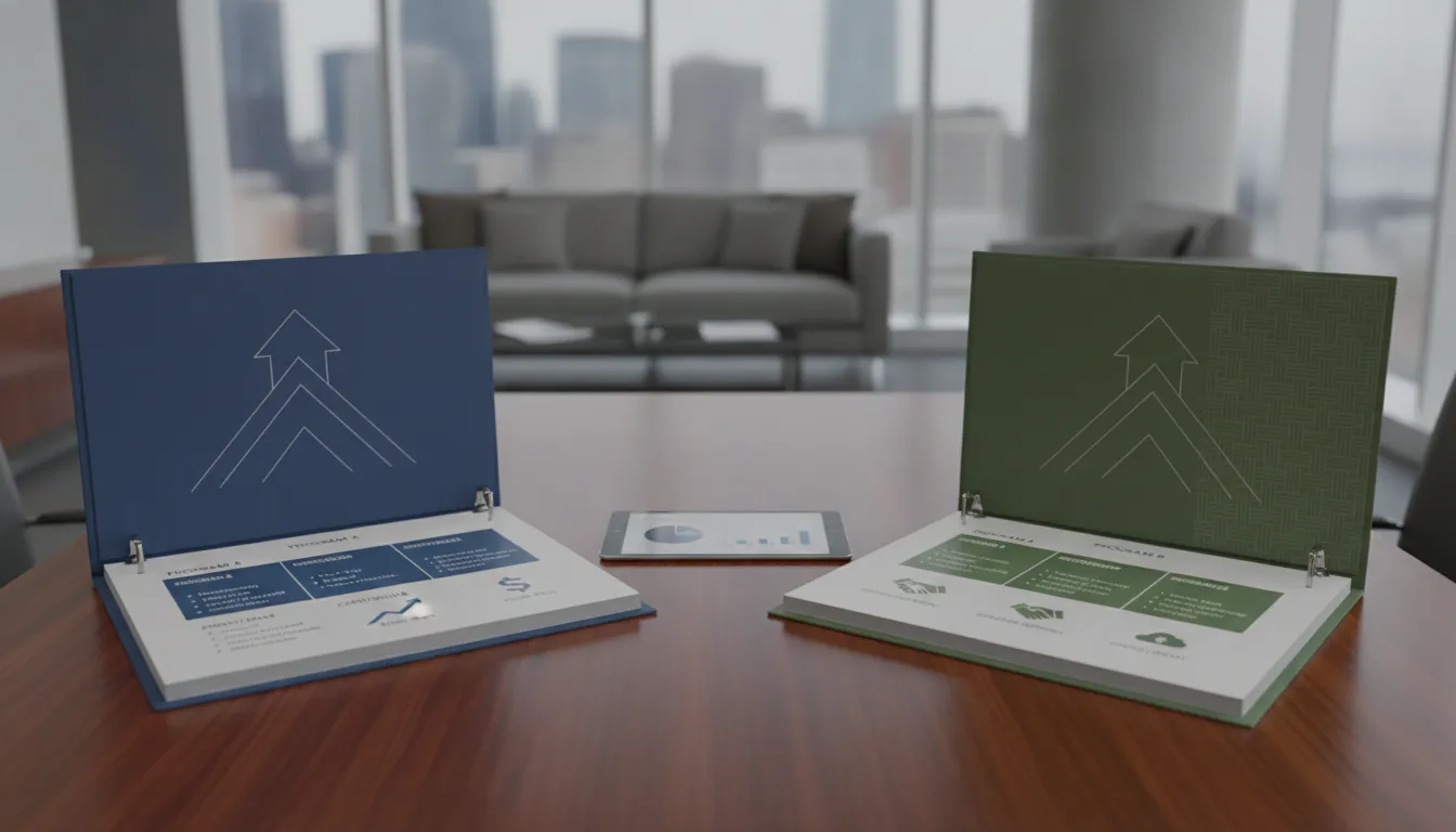 Two real estate investing coaching program binders and a tablet on a conference table.