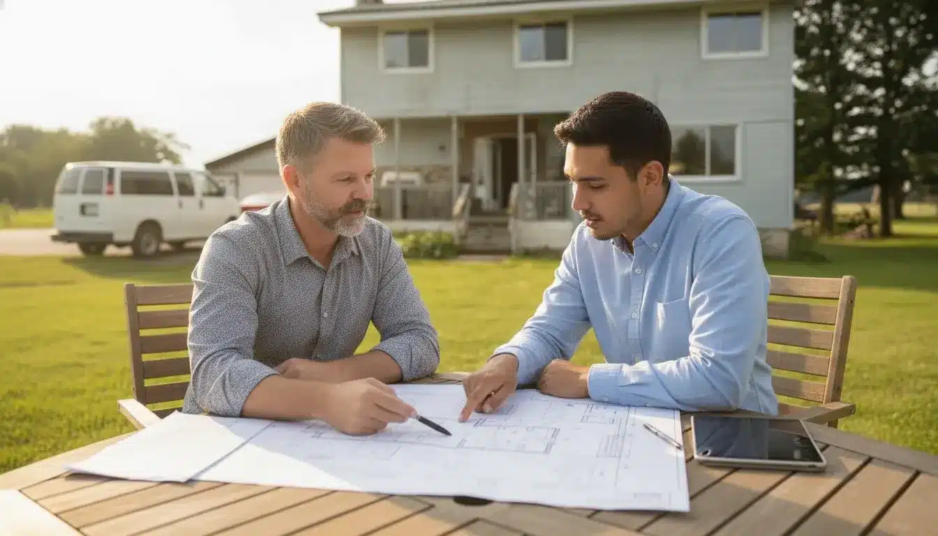 New real estate investor reviewing a property plan with an experienced coach