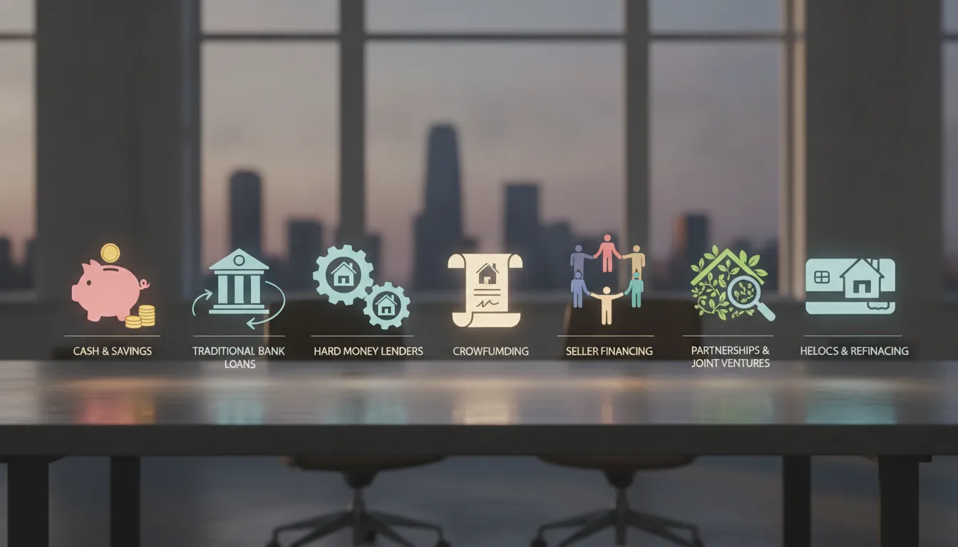 Real estate deal funding: cash, loans, hard money, crowdfunding, seller financing, partnerships, and HELOCs.
