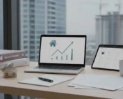 Real estate investing growth chart on a laptop at a modern office desk.
