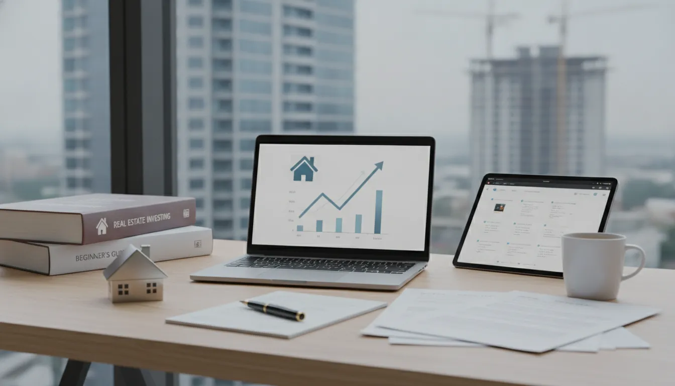 Real estate investing growth chart on a laptop at a modern office desk.
