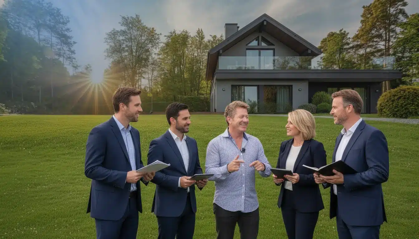 Real estate agent discussing an investment property with investors outside a modern home.