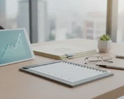 Tablet displaying an upward graph and real estate closing checklist on an office desk.