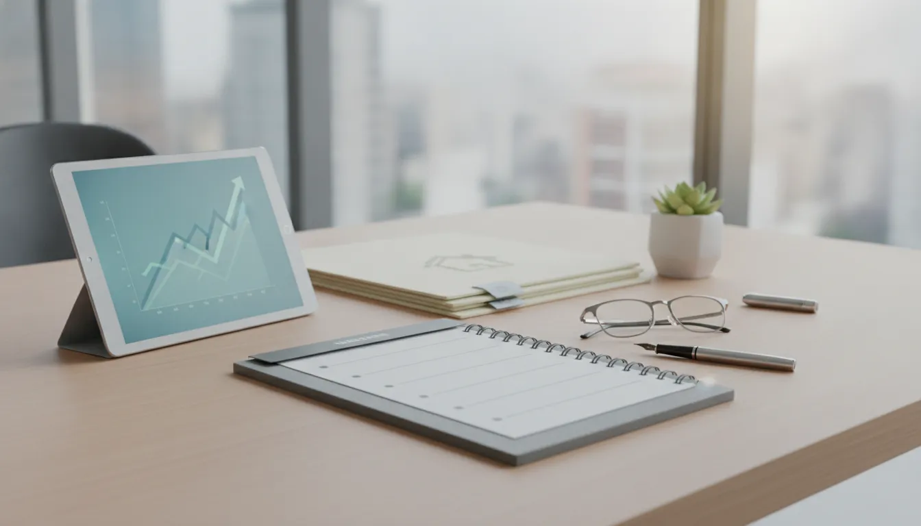 Tablet displaying an upward graph and real estate closing checklist on an office desk.
