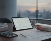 Tablet displaying real estate deal analysis charts beside a calculator and documents.