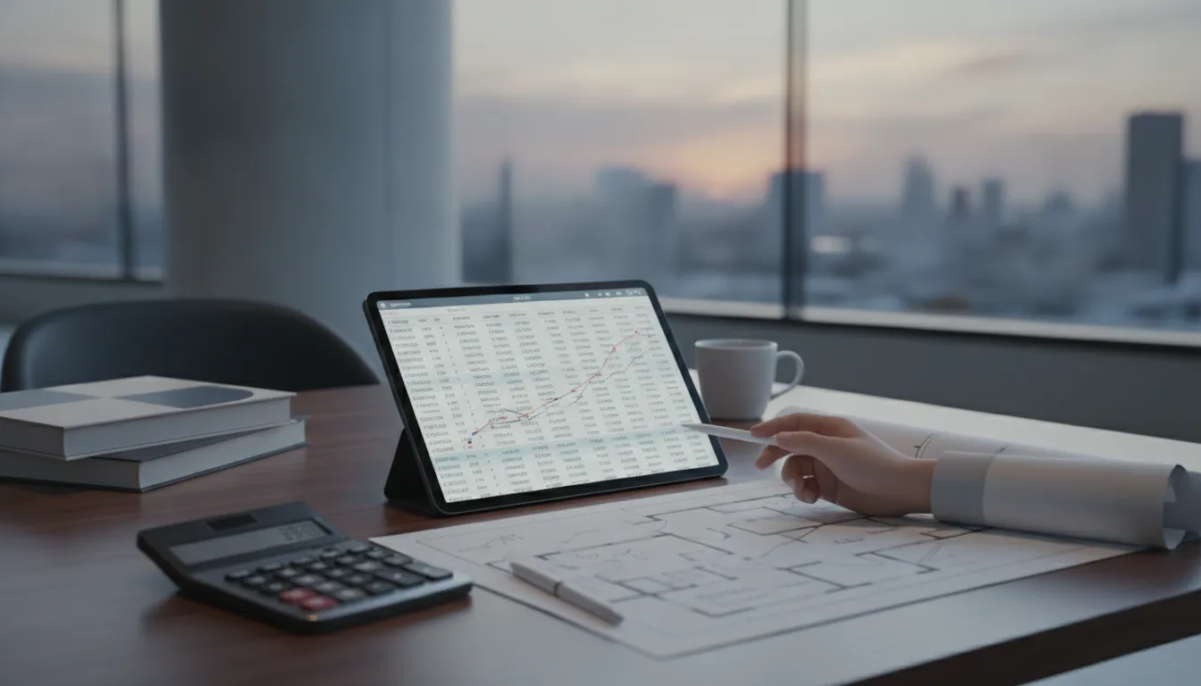 Tablet displaying real estate deal analysis charts beside a calculator and documents.