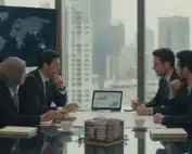 Real estate investment partners discussing roles and strategies in a modern office.
