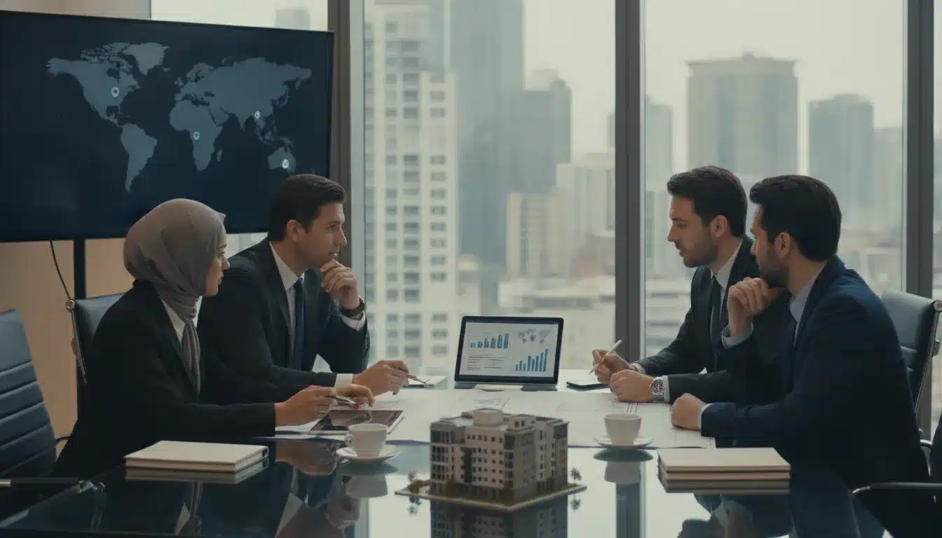 Real estate investment partners discussing roles and strategies in a modern office.