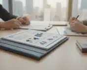 Two people reviewing a real estate investment partnership agreement with charts and graphs.