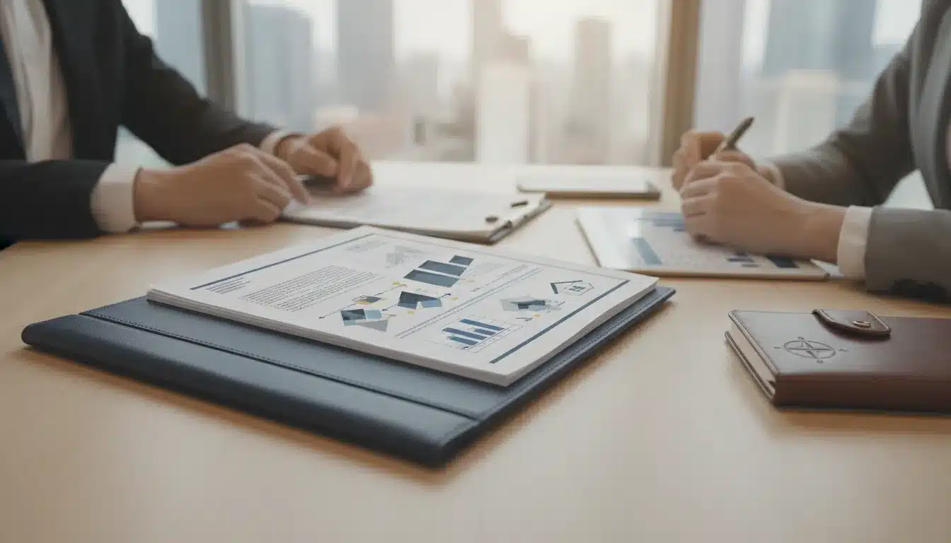 Two people reviewing a real estate investment partnership agreement with charts and graphs.