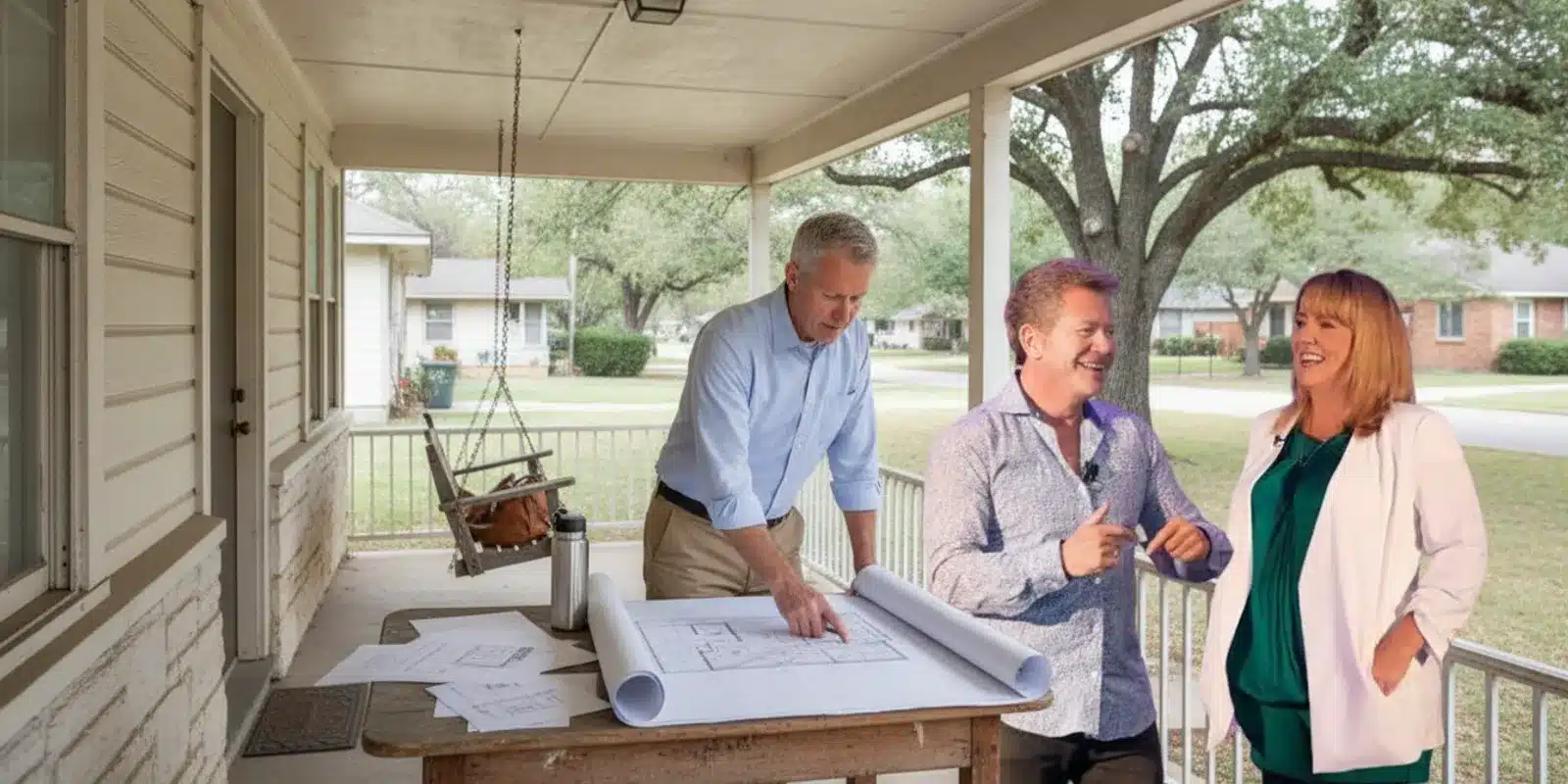 Real estate partners reviewing plans outside an Austin-area home