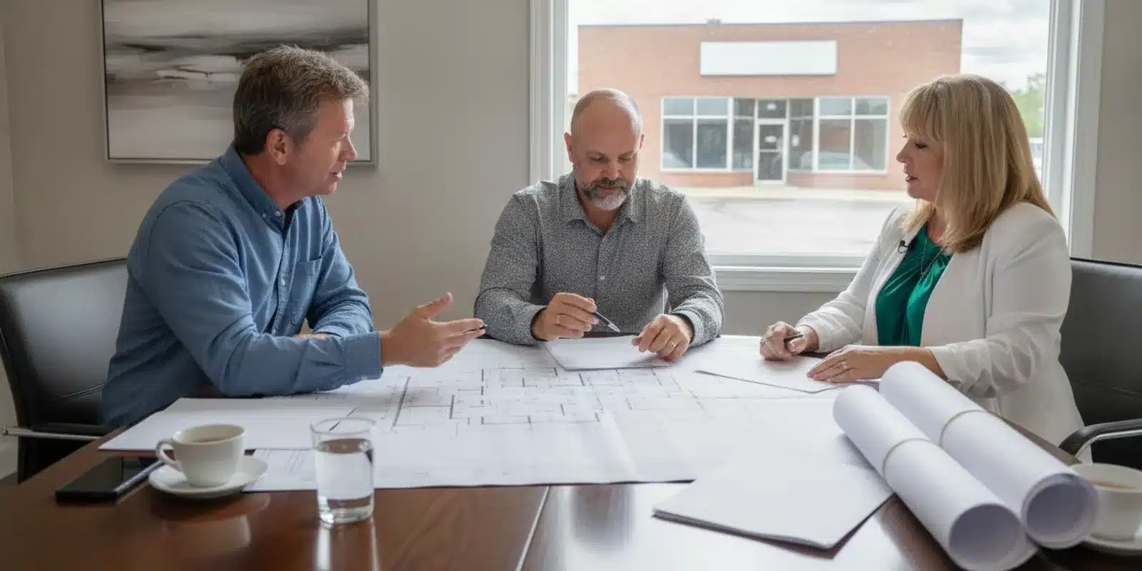Investors reviewing a commercial property lease and building plans at a table