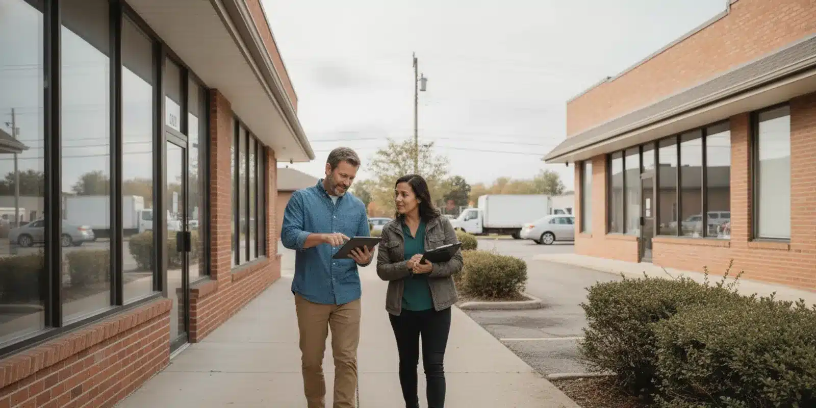 Investor and property manager reviewing commercial building operations together