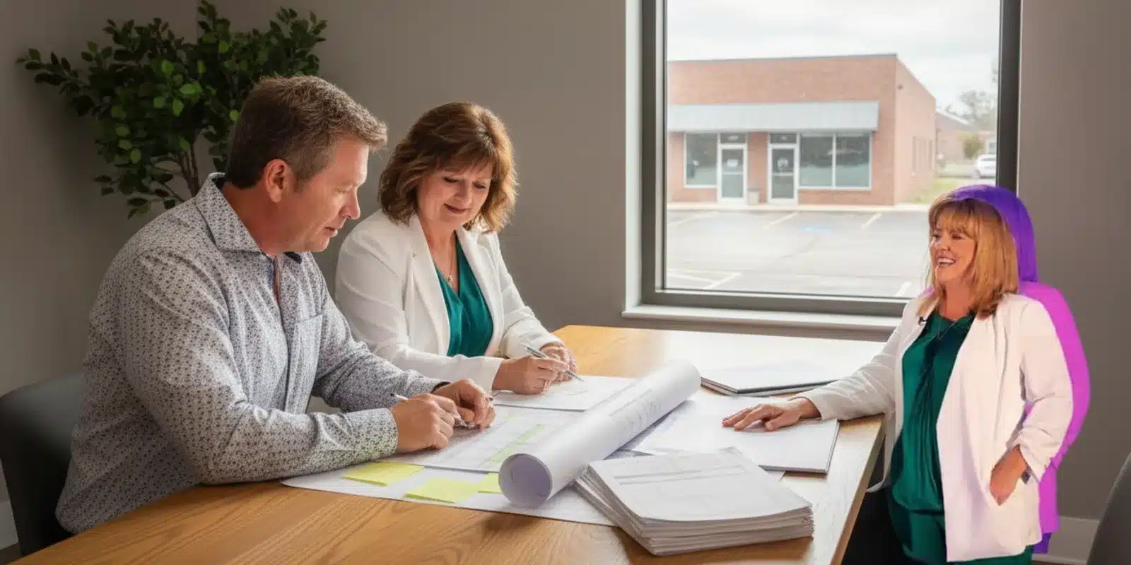 Investor reviewing commercial property plans and financial documents at a table