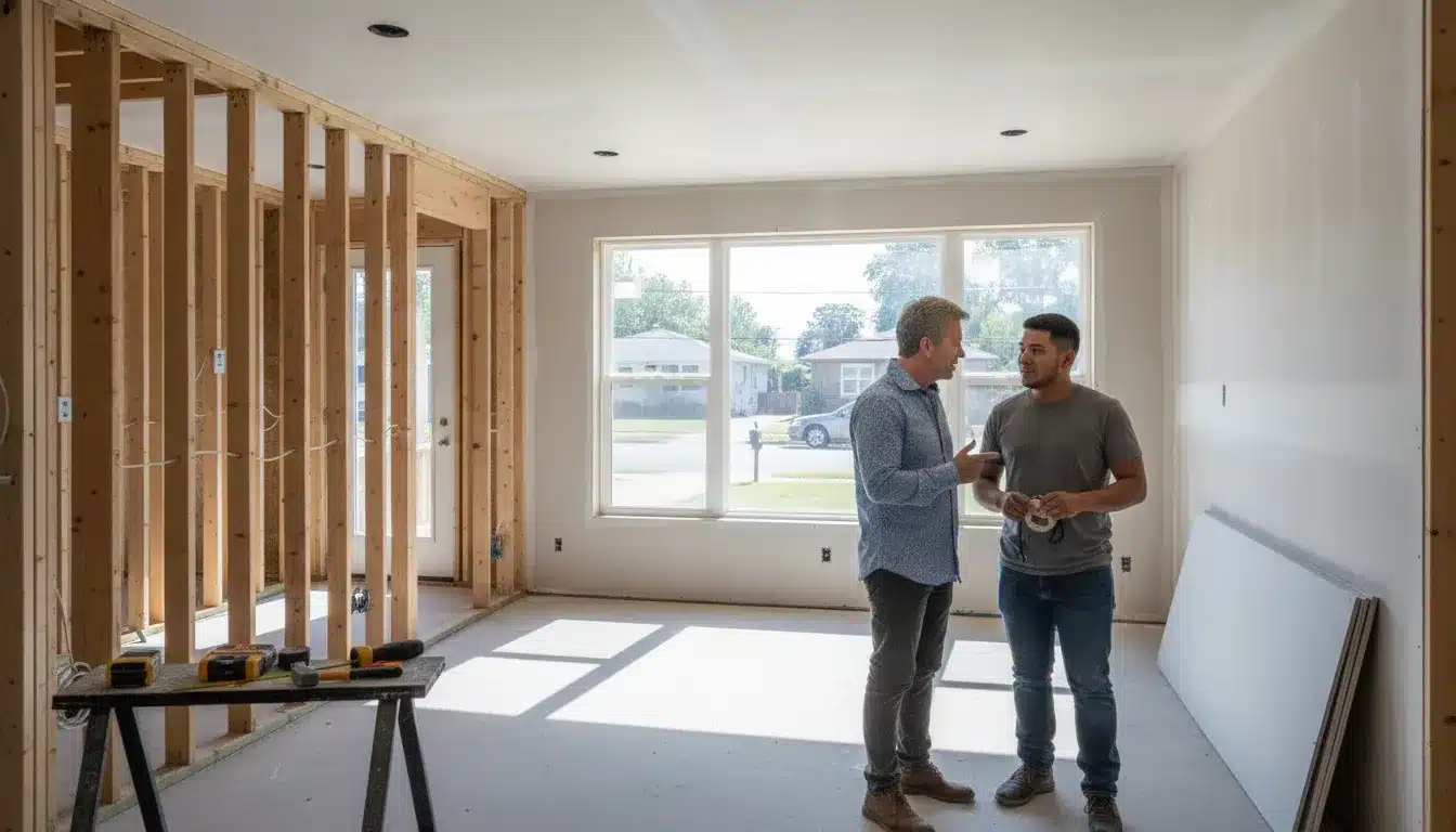 Investor and contractor reviewing a residential renovation