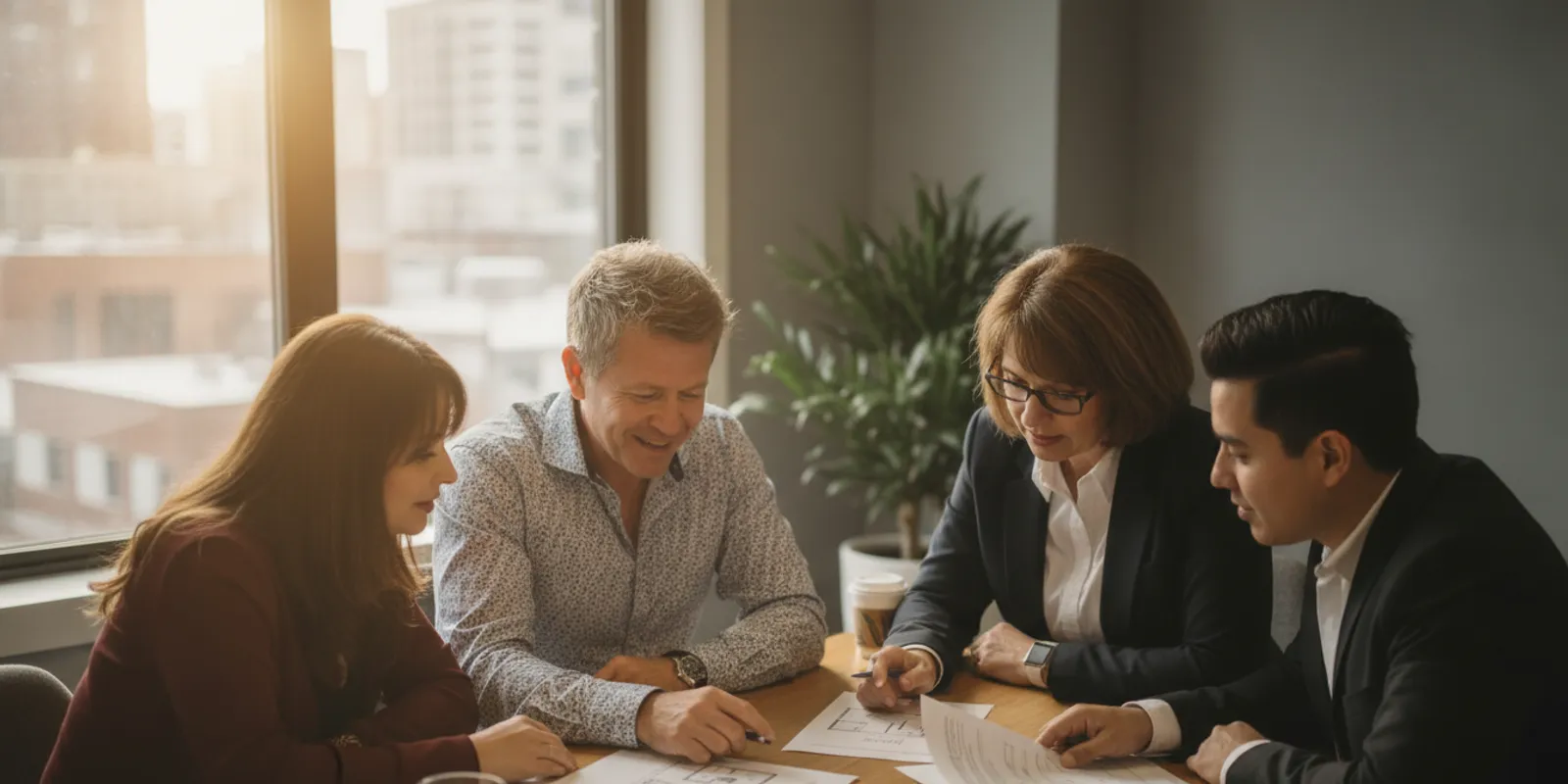 Real estate investors reviewing property notes together at a table