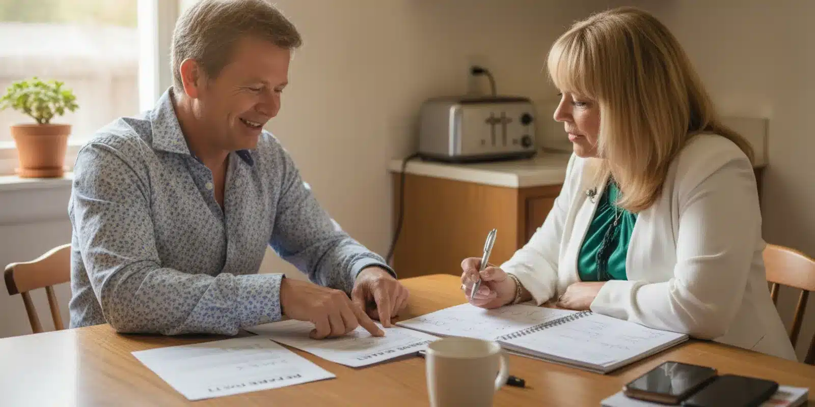Real estate partners reviewing property documents together at a kitchen table