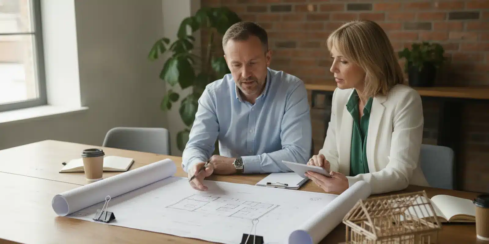 Real estate investors reviewing development plans and project costs at a table