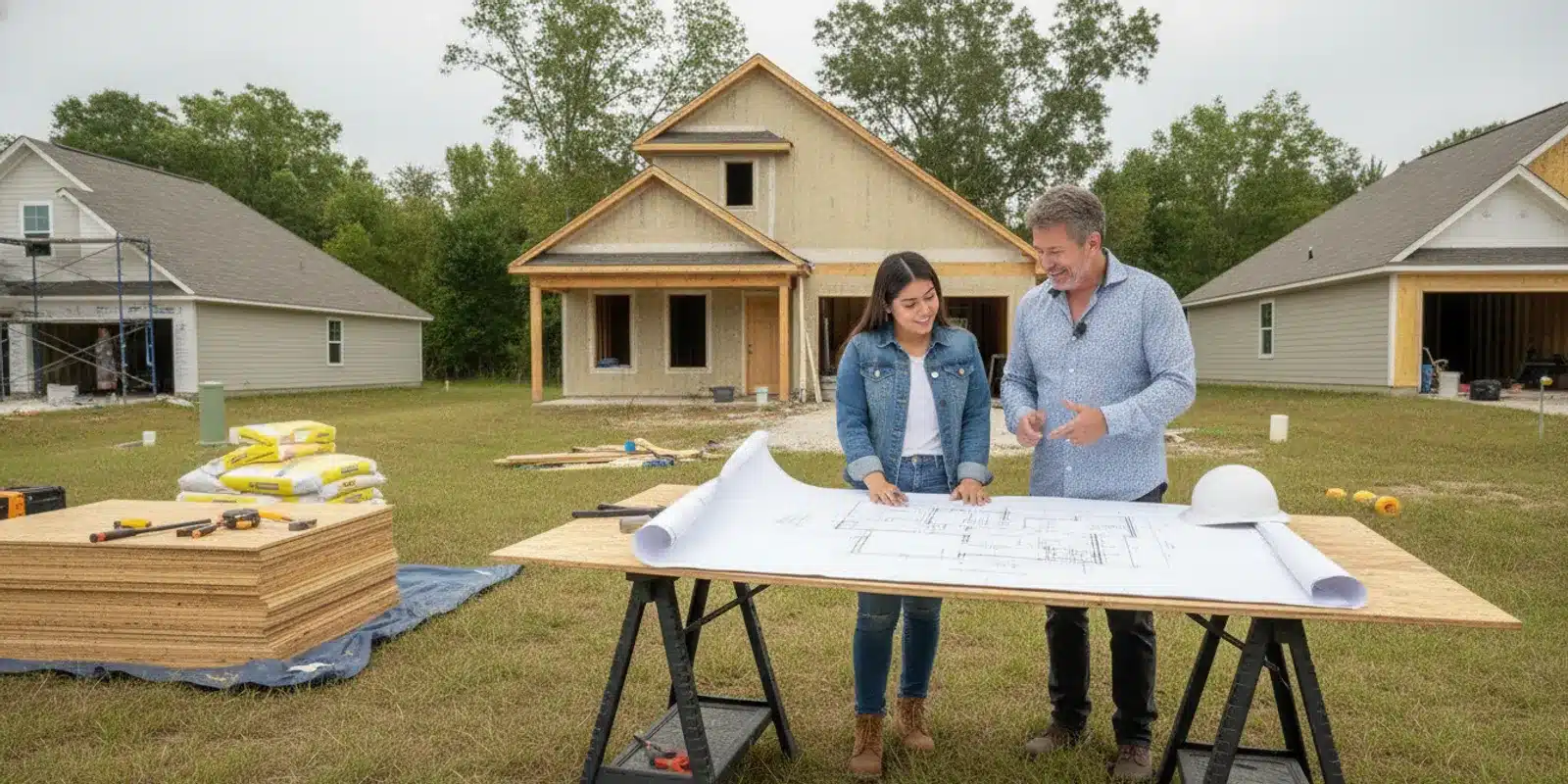 Investor and project team reviewing plans at a residential development site