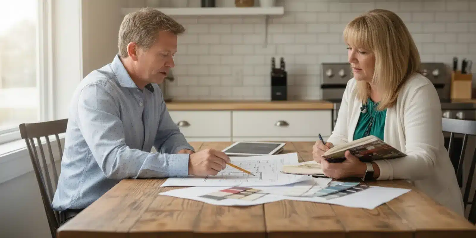 Investor reviewing property documents and financial notes at a kitchen table