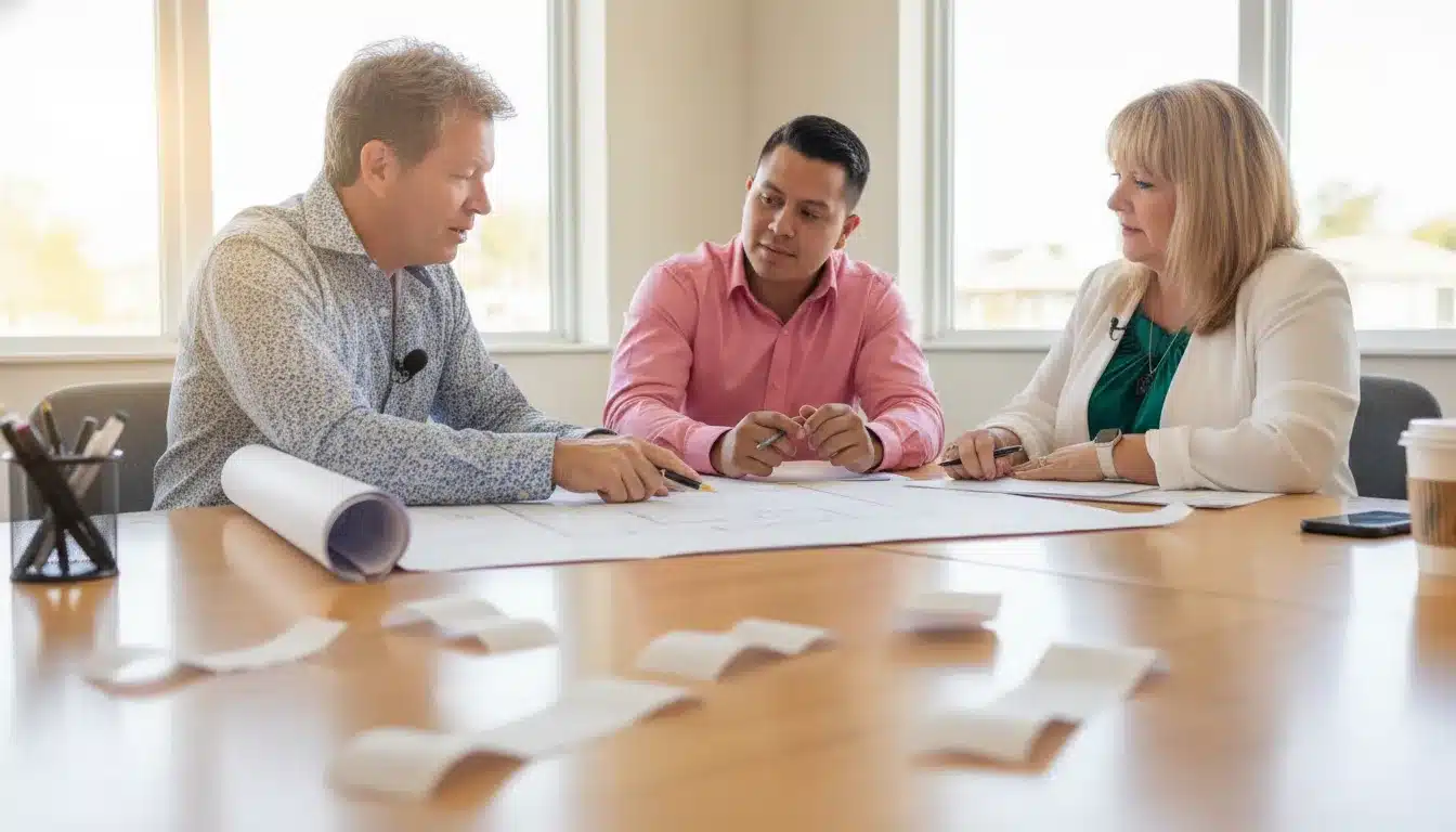 Real estate investors reviewing property project records with a coach