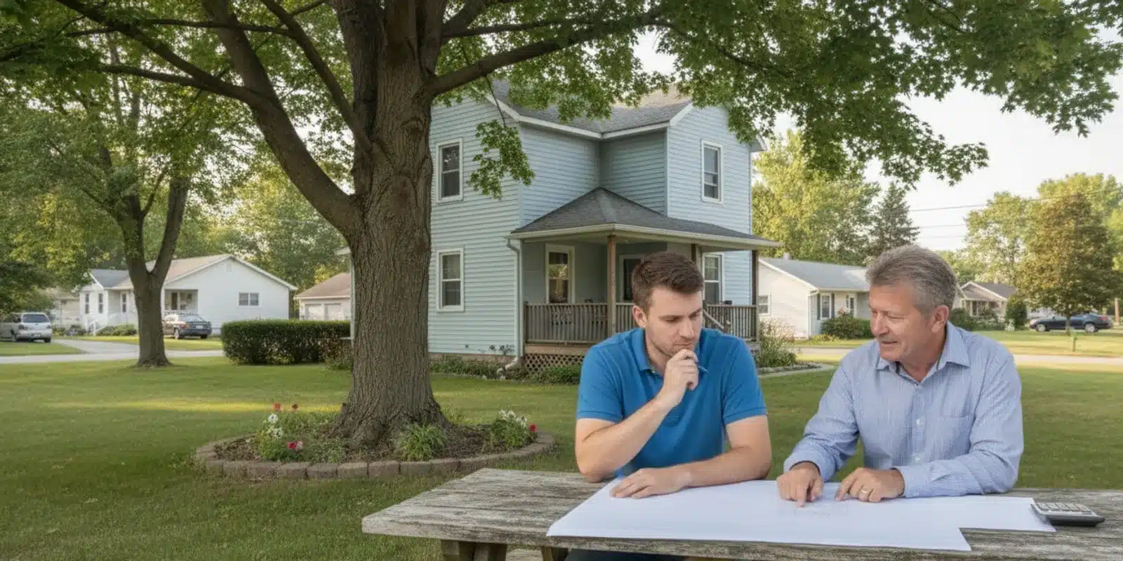 A real estate investor reviewing property expenses and maintenance notes at a residential home