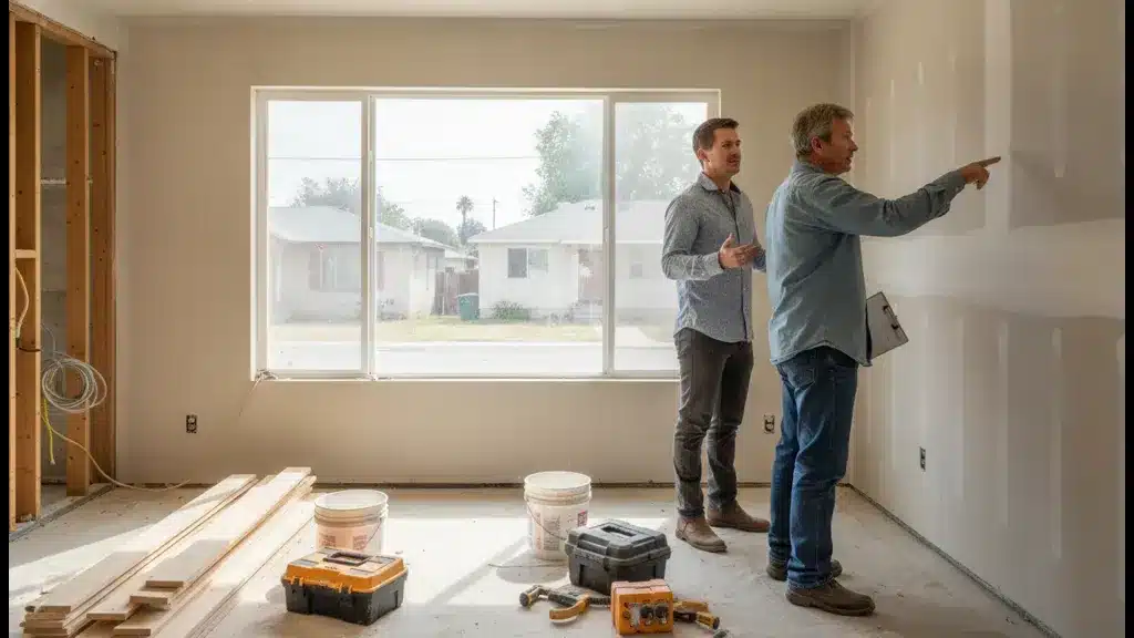 Real estate investment project controls meeting inside a residential renovation