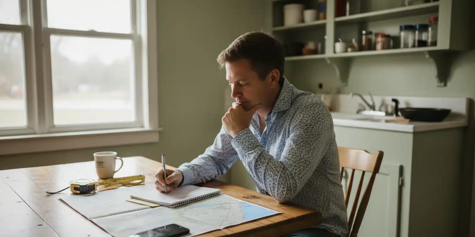 Investor reviewing a residential property and project notes at a kitchen table