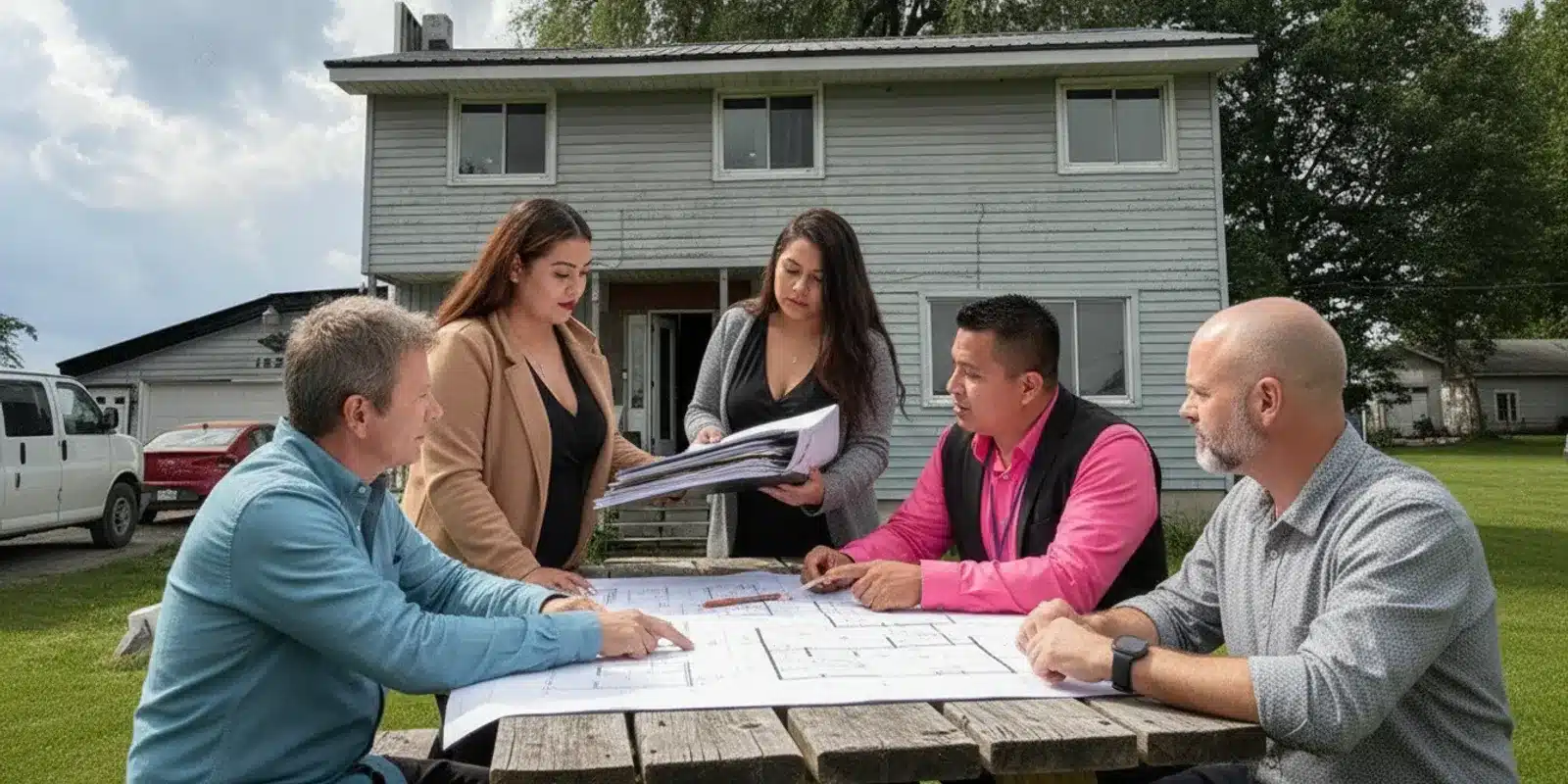 Investors reviewing plans for a residential property investment together