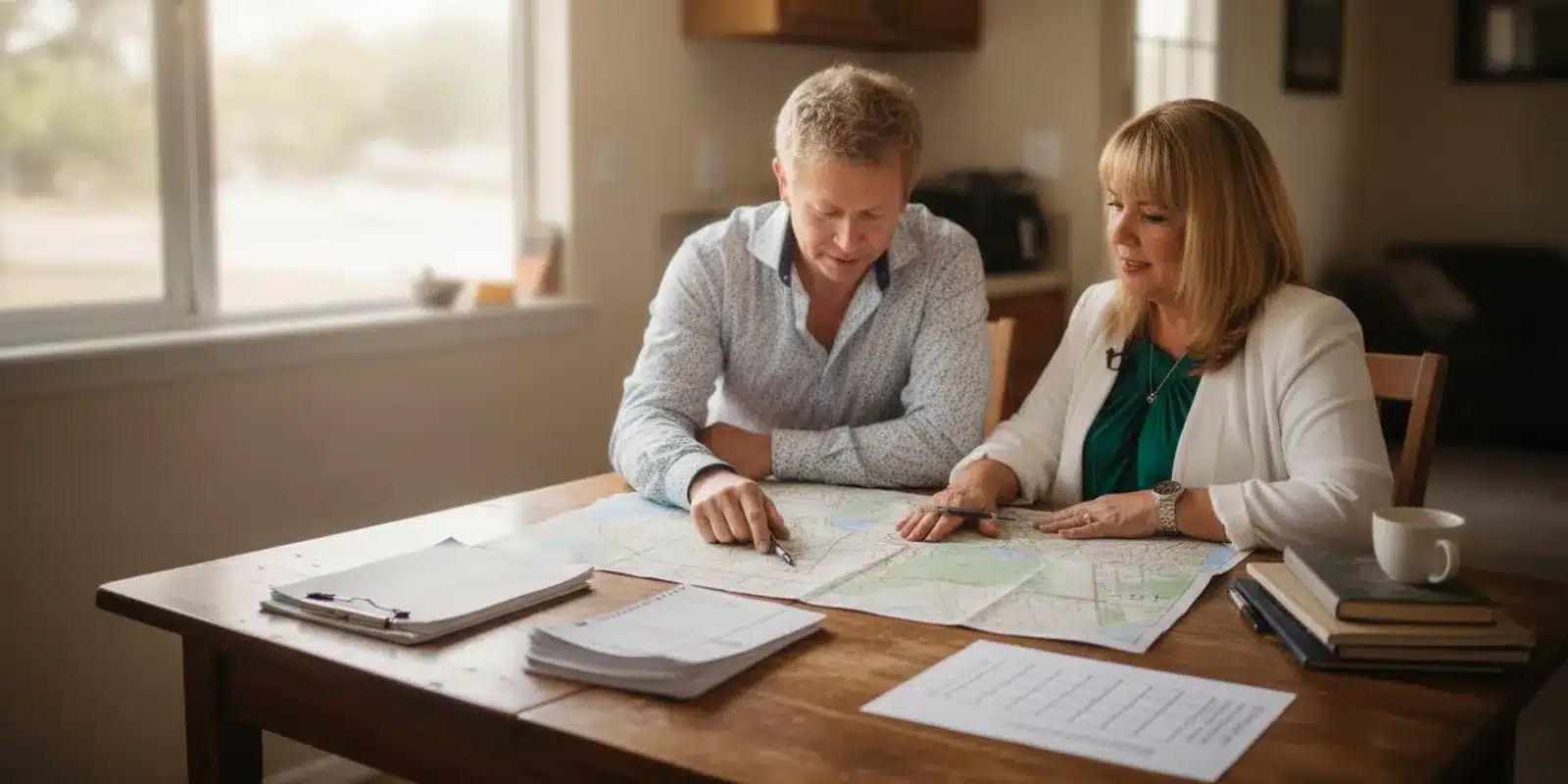 Real estate investors reviewing local housing data and a property plan together
