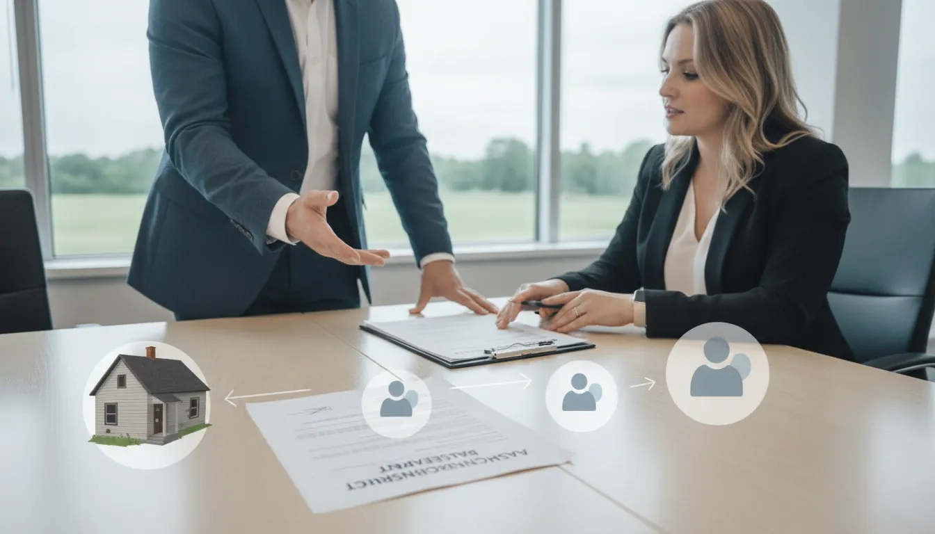 Real estate wholesaling contract and assignment documents reviewed by agents at a desk.